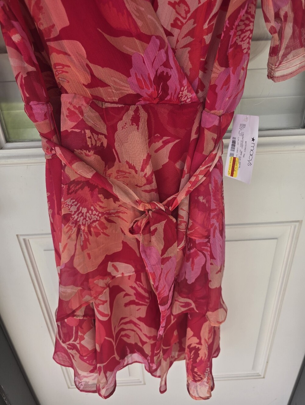 Tahari ASL Floral Wrap Dress Size 14 Pink Red Chiffon Belted Ruffle Wedding Gues - Picture 4 of 10